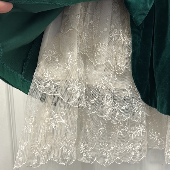 Jan Briggs VTG Christmas Dress Baby Girls Green Velvet Cream Ruffle Lace 18M - Picture 9 of 12